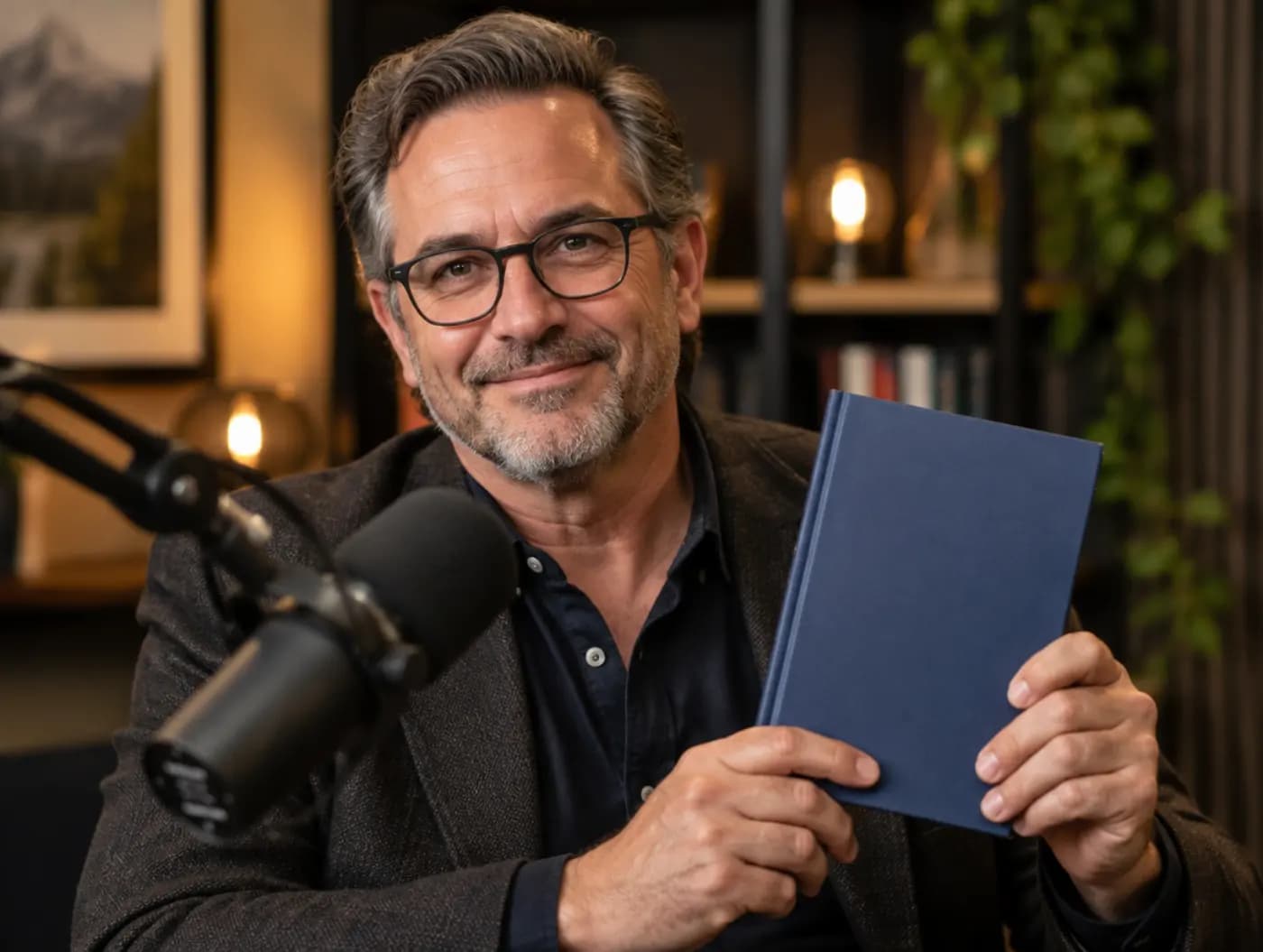 A nonfiction author holding his new book in a podcast studio