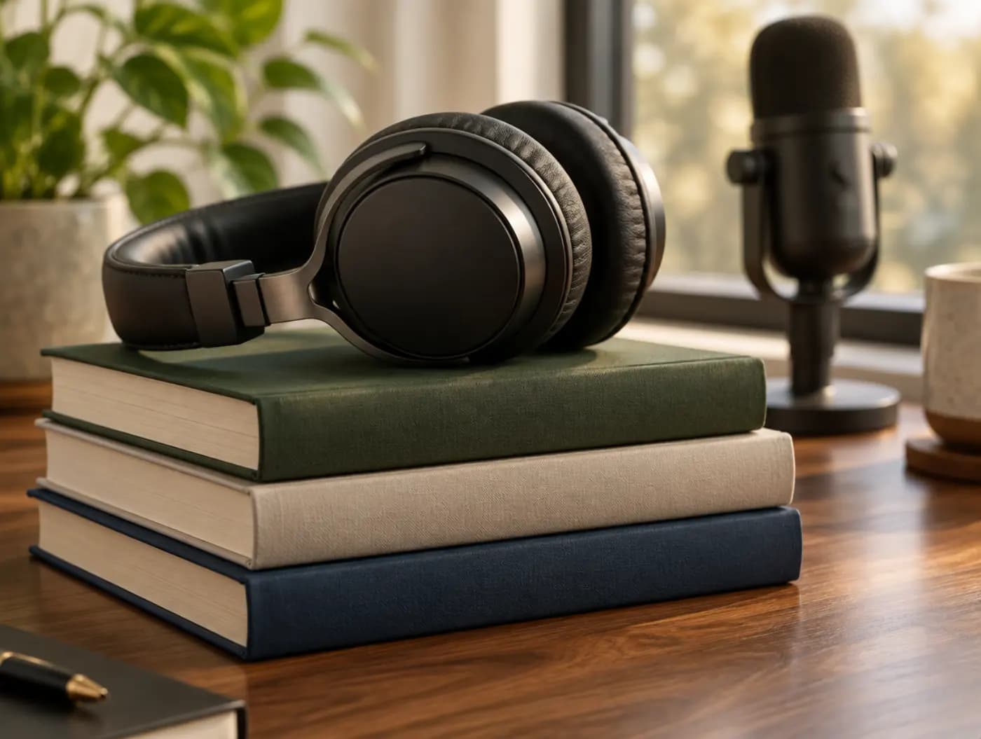 Studio headphones resting on a stack of hardcover books