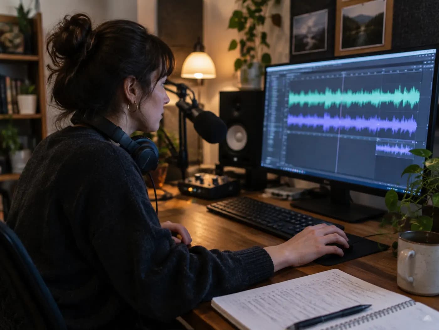 A producer at a desk with an audio waveform on screen